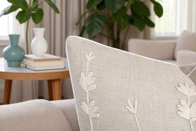 VAGMINE Hand Embroidered Daisy Accent Throw Pillow Cover - 20x20 Inches Square - 100% Linen Natural Decorative Cushion Cover for Couch, Sofa, Bed - Textured Embroidery - Boho Floral Home Décor