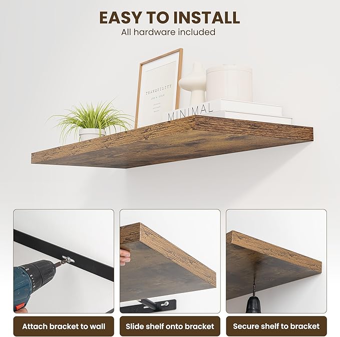 32" Floating Shelves for Wall, 12" Deep Slim Rustic Brown Floating Shelves, Wall-Mounted Shelves for Bedroom, Living Room, Kitchen, Bathroom - Set of 2
