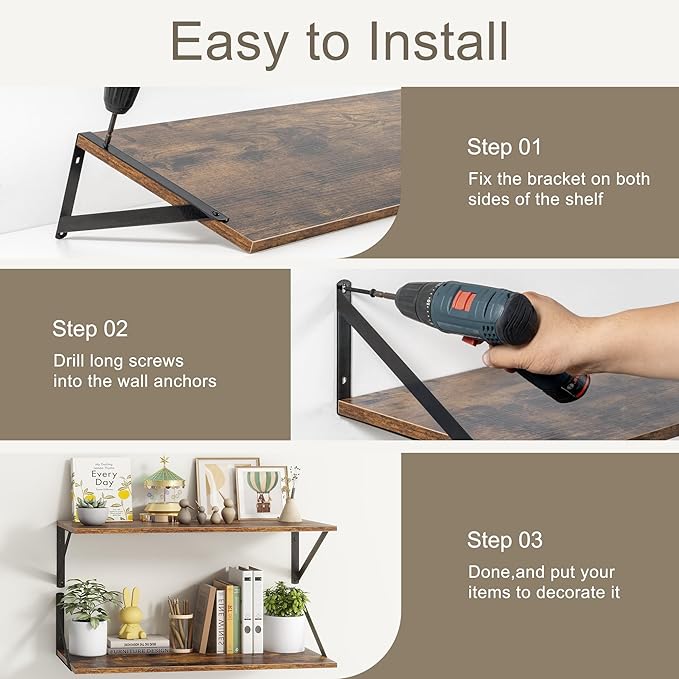 Fun Memories 20 Inch Floating Shelves, Deep Wall Shelves for Kitchen, 20 x 10 Floating Shelf for Living Room, Bedroom, Farmhouse Floating Shelves for Home Decor Storage, Rustic Brown, Set of 2