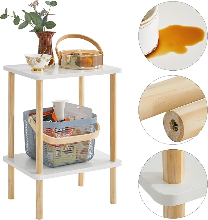 IBUYKE 2-Tier Side Table, Solid Wood Tall End Table with Storage Shelves, Nightstand Bedside Table for Living Room Bedroom Office, No-Tool Assembly, White UWST002W