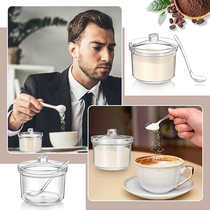 Patelai 4 Pieces Sugar Bowl Acrylic Clear Sugar Bowl with Lid and Salt Spoon Storage Jar with Airtight Lid for Salt, Tea, Spices, Herbs, Condiments(13 oz)