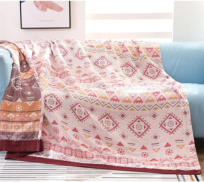 Boho Muslin Blanket for Adults 4-Layer Gauze Twin Size Soft Cozy 100% Cotton Cooling Blanket Red Geometric Farmhouse Decor for Sofa Bed Coverlet Both Sides (Boho-G-Red, Twin 60 x 80 in)