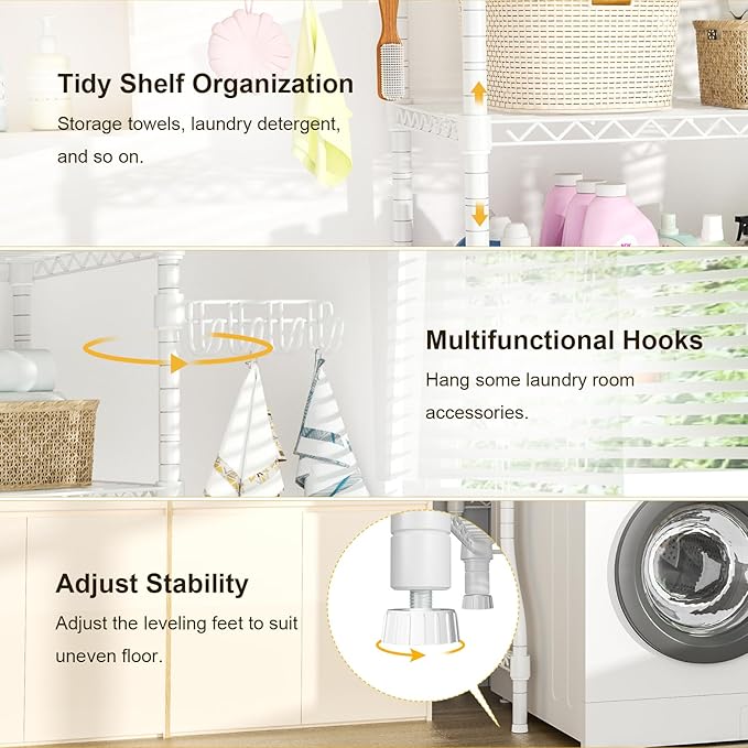 Ulif U8 Laundry Room Storage Organizer, Over The Washer and Dryer Storage Shelves for Laundry Organization, 35”W x 17.3”D x 76.2”H, Suit Washing Machine Width Within 32.6”, Hold 304 lb, White