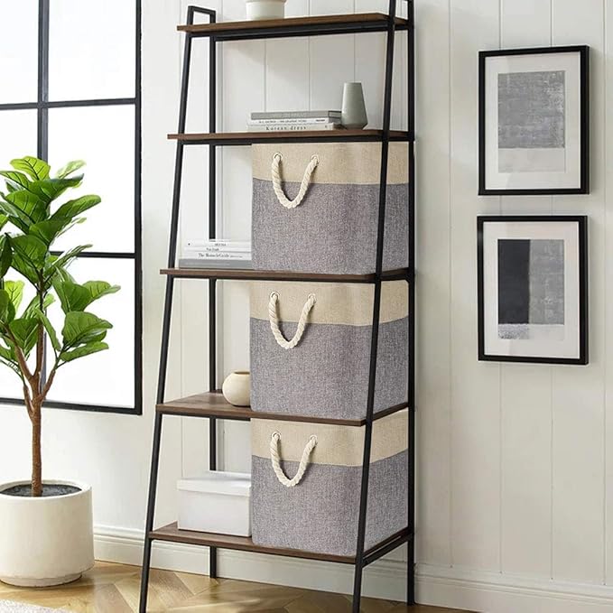 i BKGOO 3Pack Large Foldable Storage Bins,Collapsible Sturdy Cationic Fabric Organizing Storage Basket Cube with Cotton Handles for Home Office Shelf Clothes Toys Khaki-Grey 13×13×13 inch