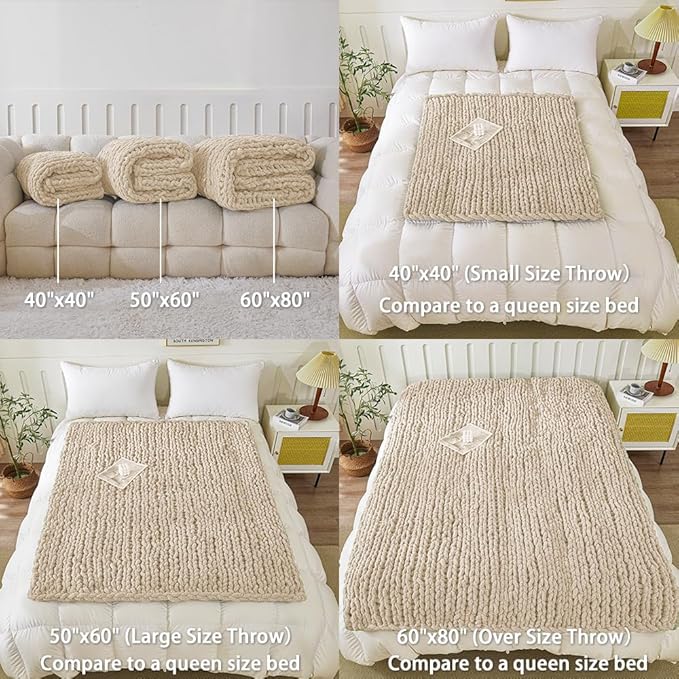WESHIONGOO Chunky Knit Blanket Throw 40"×40" Knitted Throw Blankets for Couch Bed Fluffy Soft Blanket with Jumbo Chenille Yarn Thick 100% Handmade (Linen)