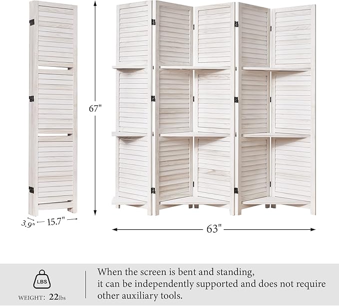 Partition Room Dividers, Folding Wood Privacy Screen with Three Display Shelves Suitable for Home Office, Study, Art Display - 5 Panel, 67 * 64inch (White-Washed)