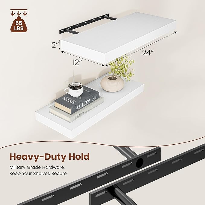 White Floating Shelves for Wall, 24 Inch X 12 Deep Shelves for Room Wall Mounted,2" Thick Heavy Duty Holds 55lbs Floating Shelf for Bedroom Bathroom Kitchen Laundry Room, Set of 2