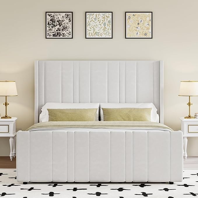 HOMBCK Full Bed Frame Upholstered Bed with Vertical Channel Tufted Headboard & Footboard/Wooden Slats/No Box Spring Needed/Easy Assembly, Cream