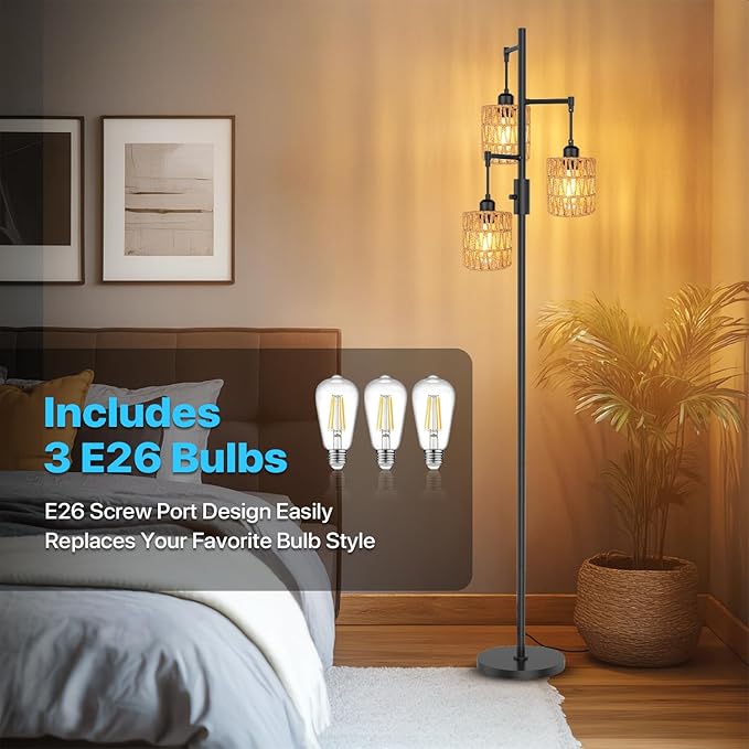 3-Light Boho Floor Lamp for Living Room, Rattan Wicker Standing Lamp Palm Tree Design, Farmhouse Coastal Floor Light with Woven Shade, Tall Bohemian Lamp