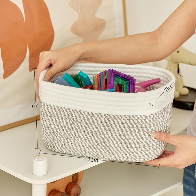 Small Cotton Rope Storage Basket Set of 3-11"x7"x7" Perfect Woven Baskets for Storage, Ideal Storage Baskets for Organizing Toys, Towels, and More - Baskets for Shelves(White & Mixed Grey)