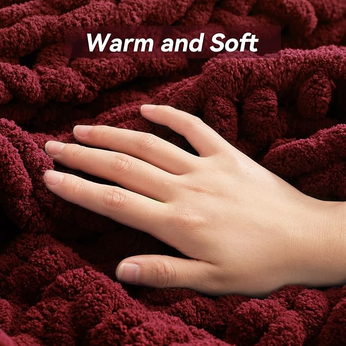 Chunky Knit Throw Blanket, 40''*50'' Knitted Throw Chenille Yarn for Bed Couch, Handmade Red Crochet Big Thick Blanket, Machine Washable Cute Comfy Blanket for Home Decor