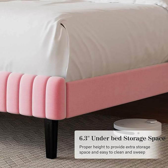 King Size Bed Frame with Headboard, Velvet Upholstered Platform Bed with Vertical Channel Tufted Design, No Box Spring Required, Easy Assembly, Pink