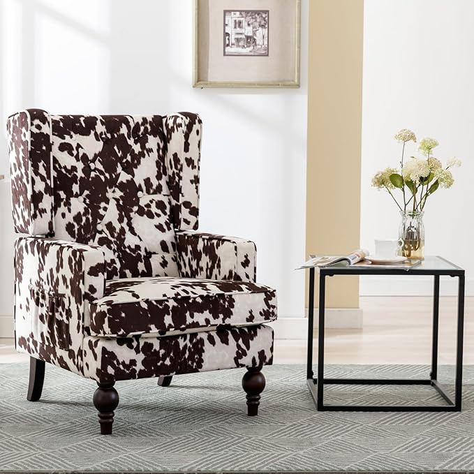 Mid-Century Accent Chair, Upholstered Arm Chair Linen Fabric Side Chair with High Back Solid Wooden Legs, Comfy Reading Chair for Living Room Bedroom, Milk Cow
