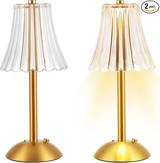 Liliful 2 Pcs LED Portable Cordless Table Lamp Touch Battery Operated Rechargeable Desk Lamp 3 Color Dimmable for Bedroom Living Room Dining (Rose Style,Gold)