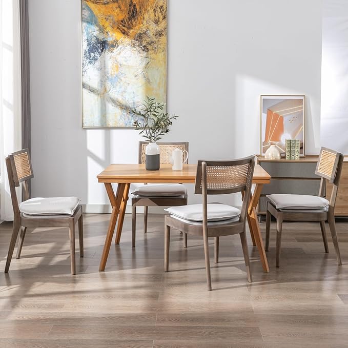 Rattan Dining Chairs Set Of 4 , Mid Century Modern Upholstered Cane Back Chairs with Removable Linen Cushion , Retro Farmhouse Natural Wooden Kitchen & Dining Room Chairs for Restaurant Living Room