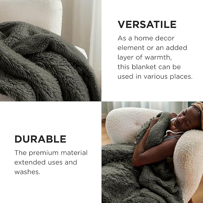 Bedsure GentleSoft Fuzzy Sherpa Faux Fur Twin Blanket Olive Green Cozy Gifts for Women Men, Soft Fleece Plush Warm Minky Thick Blanket Twin Size for Bed, Room Dorm Essentials Olive Decor Gifts, 60x80