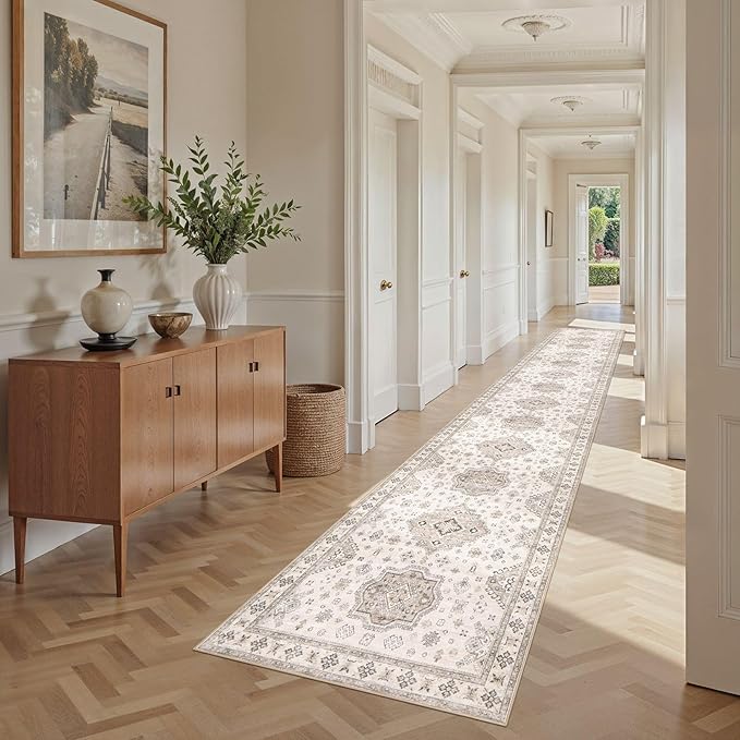 Washable 2.6x14 Runner Rug - Area Rugs Neutral Vintage Distressed Floral Farmhouse Boho Large Soft Floor Rug Indoor Carpet for Hallway Entryway Home - Beige Brown