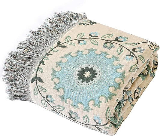 Snycler Boho Throw Blanket for Bed - 100% Cotton Ultra Soft Rustic Quilt - Blue Boho Floral Printed Farmhouse Decor Bed Blankets, 60"×80" All Season Rustic Throw for Sofa Couch Chair