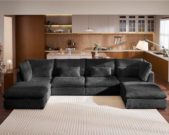Oversized Modular Sofa, Extra Deep Cloud Corduroy Sectional Couch with Ottoman Chaise, Fluffy Chenille 6 Seat U-Shaped Sofa for Living Room, Villa (U Shape 6 Seater, Corduroy Black)