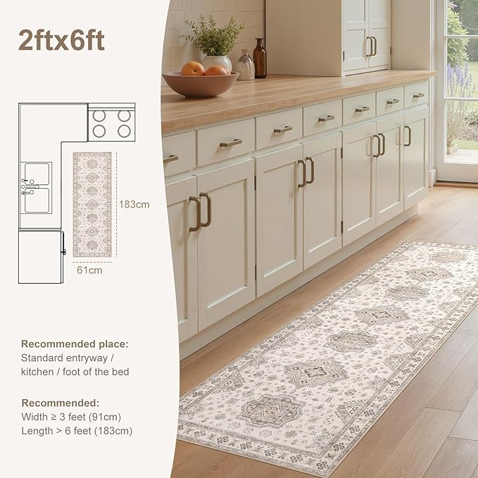 Washable 2x6 Runner Rug - Area Rugs Neutral Vintage Distressed Floral Farmhouse Boho Large Soft Floor Rug Indoor Carpet for Hallway Entryway Bedroom Kitchen - Beige Brown