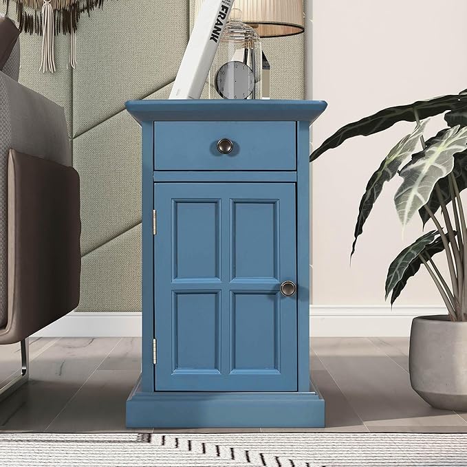 Traditional Wood End Table with Charging Station, Modern Vintage Sofa Chair Side Table Nightstand with Storage & Drawer for Living Room Bedroom, No Assembly, Antique Navy