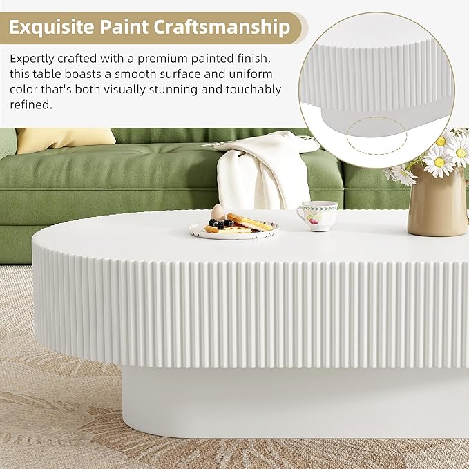 43.3" Oval Fluted Coffee Table Modern Elegant Drum End Table, Minimalist Center Table 7.8" Thick Tabletop with Sturdy Base for Living Room, Bedroom, Apartment,Easy Assembly, White