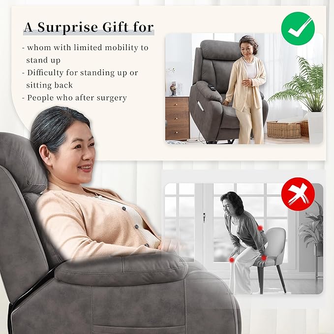 Power Lift Chair Recliners for Elderly, Modern Overstuffed Electric Seniors Recliner Chair with Remote Control Side Pocket for Living Room Bedroom (Dark Grey)