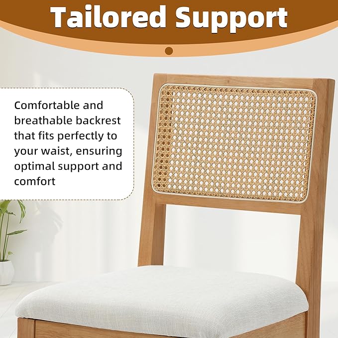 Westice Rattan Dining Chairs Set of 2, Farmhouse Natural Dining Room Chairs with Upholstered Cushion, Wood Armless Chairs for Kitchen/Restaurant