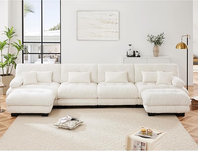 U Shaped Couch Sectional Couch, 4-Seater Cloud Couch Sectional Oversized Couch, Sofa Bed Couch with Round Bolster Armrests 6 Pillows, Modular Couch Home Sofa Living Room Couch(White)