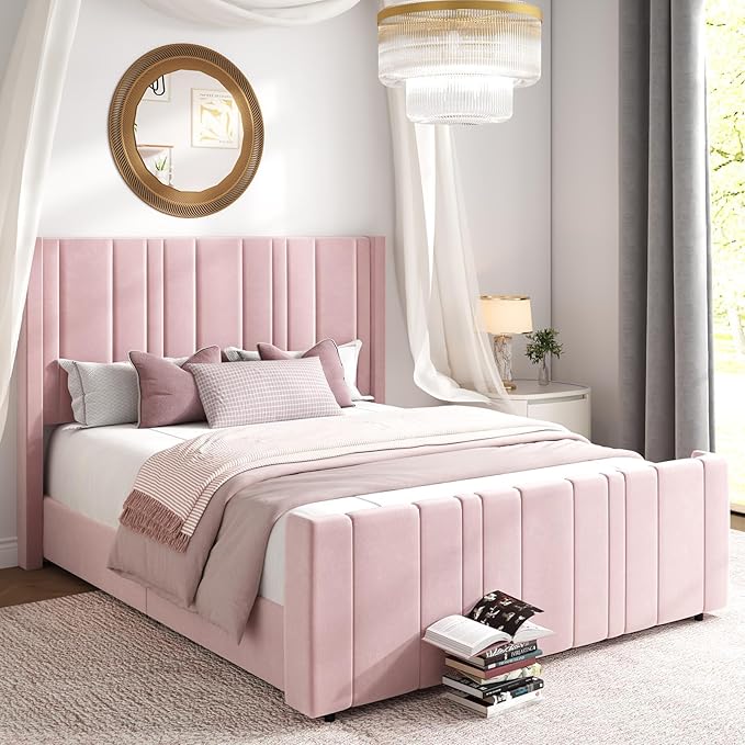 HOMBCK Queen Bed Frame Pink Upholstered Bed with Vertical Channel Tufted Headboard & 22" Footboard, Noise Free/Wooden Slats/Noise Free/No Box Spring Needed/Easy Assembly