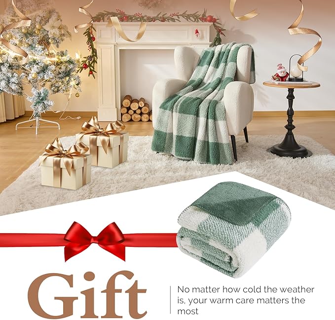 LURKA Checkered Sherpa Fleece Twin-Size Bed Blanket - Extra Thick and Warm Winter Soft Fuzzy Plush Blanket for Couches, Beds & Pets, Sage, 60x80 Inches