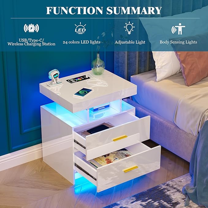 Night Stand with Light, High Gloss Nightstand with USB/Wireless Charging Station, LED White Nightstands with Storage Drawers, RGB Side End Table for Bedroom Furniture(White