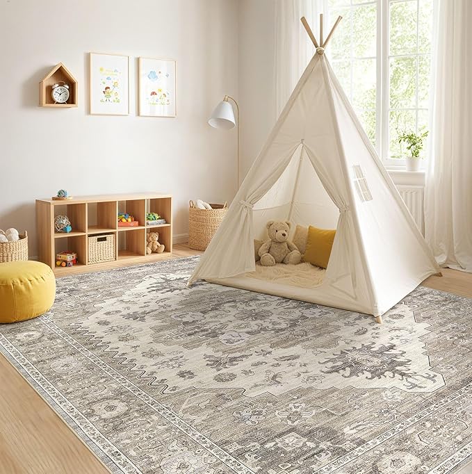 Washable Area Rugs for Living Room - 7x9 Neutral Vintage Distressed Floral Farmhouse Boho Large Soft Floor Rug Indoor Non Slip Carpet for Living Room Bedroom Dining Room Office -Brown/Beige