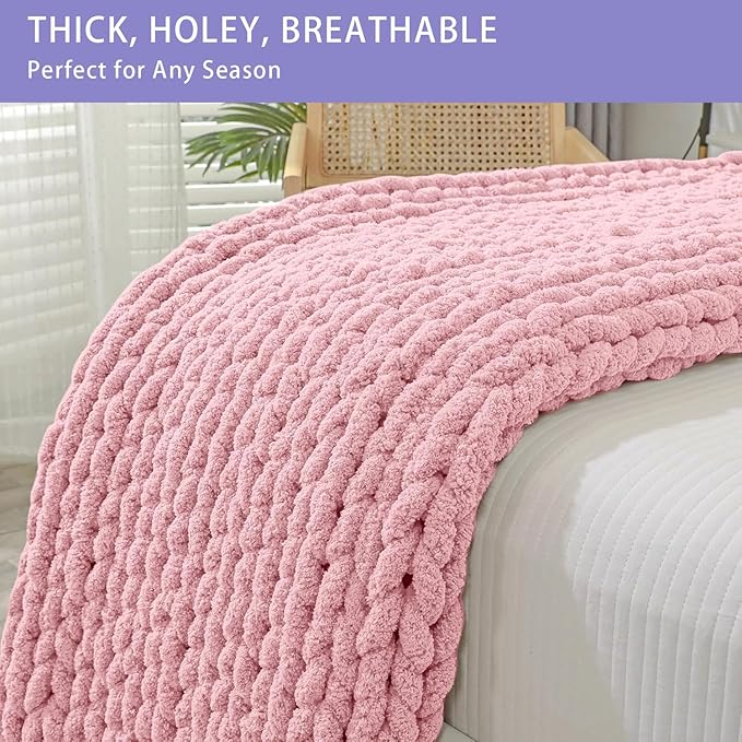 Bigacogo Chunky Knit Throw Blanket for Couch, 40x80 inches, 100% Hand Knitted with Thick Jumbo Chenille Yarn, Cozy Soft Large Rope Knot Cable Crochet Blankets for Sofa Bed Living Room, Blush Pink