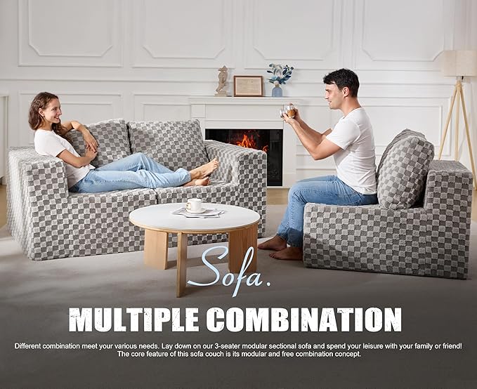 Modular Sectional Sofa 3-Seater Modular Couch with Deep Seat Memory Foam Cloud Chair with Pillows Oversized Sectional Sofa for Living Room Bedroom (Plush Grey, 3-Seater)