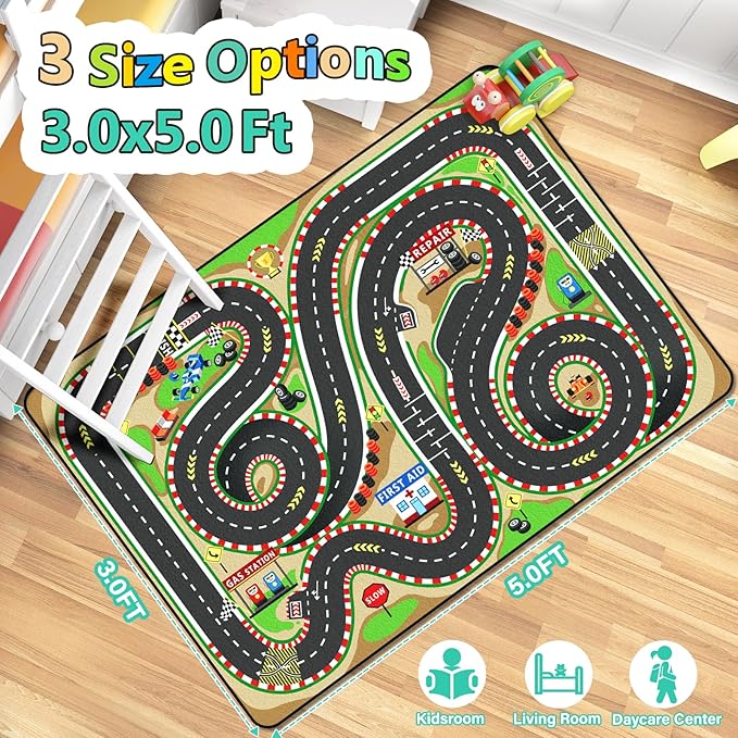 Kids Rug, Race Track Baby Play Mats, Realistic 3D Cascading Surround Route, 3x5 Ft Kids Rug for Playroom, Great for Playing with Cars and Toys, Non-Slip Car Carpet