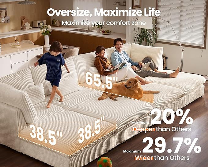 Oversized Modular Sofa, Extra Deep Cloud Corduroy Sectional Couch with Ottoman Chaise, Fluffy Chenille 3 Seater Sofa for Living Room, Villa (Basic 3 Seater, Corduroy White)