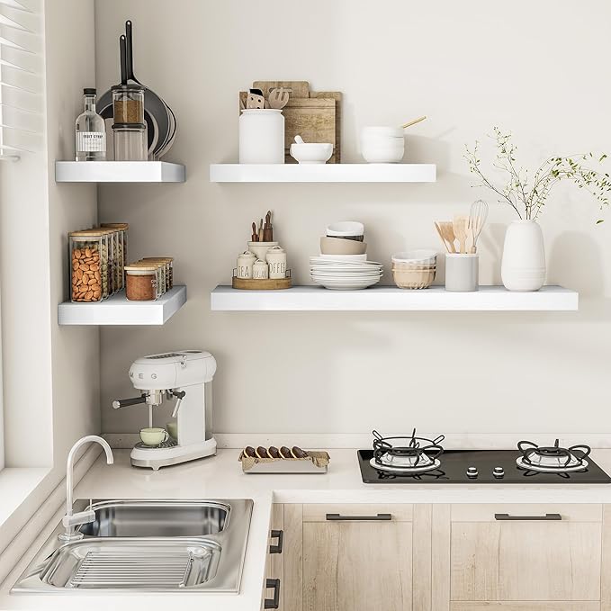 White Floating Shelves for Wall, 24 Inch X 12 Deep Shelves for Room Wall Mounted,2" Thick Heavy Duty Holds 55lbs Floating Shelf for Bedroom Bathroom Kitchen Laundry Room, Set of 2