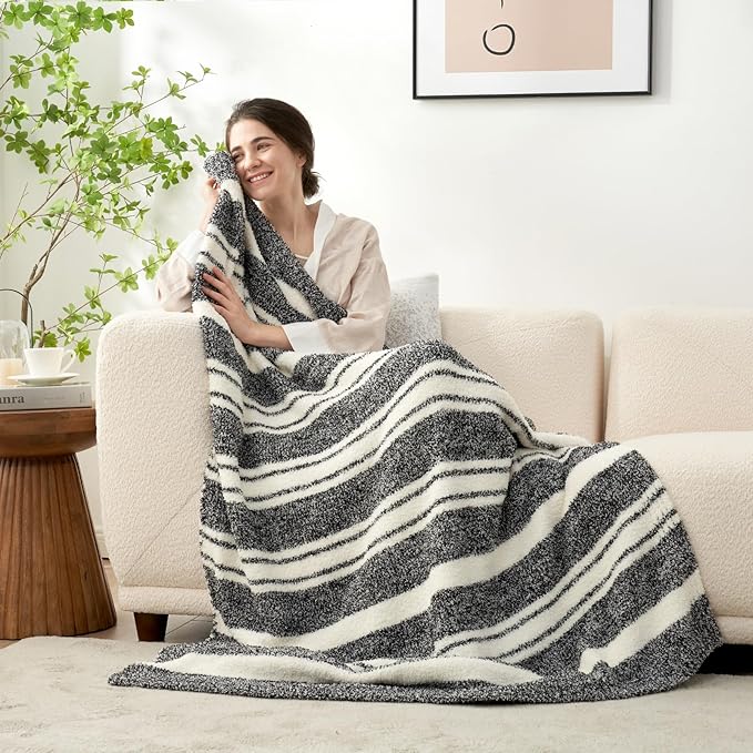 Snuggle Sac Stripe Black Throw Blanket for Couch, Reversible Super Soft Warm Blankets Cozy Knit Fuzzy Plush Lightweight Throws for Sofa, Bed, Stripe Black, 50x60 inches