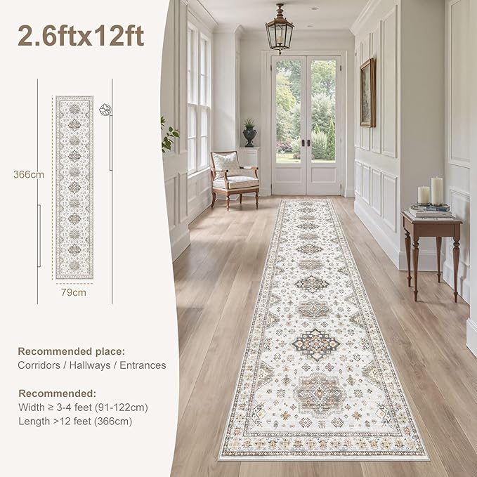 Washable 2.6x12 Runner Rug - Area Rugs Neutral Vintage Distressed Floral Farmhouse Boho Large Soft Floor Rug Indoor Carpet for Hallway Entryway Kitchen Home - Blue Brown