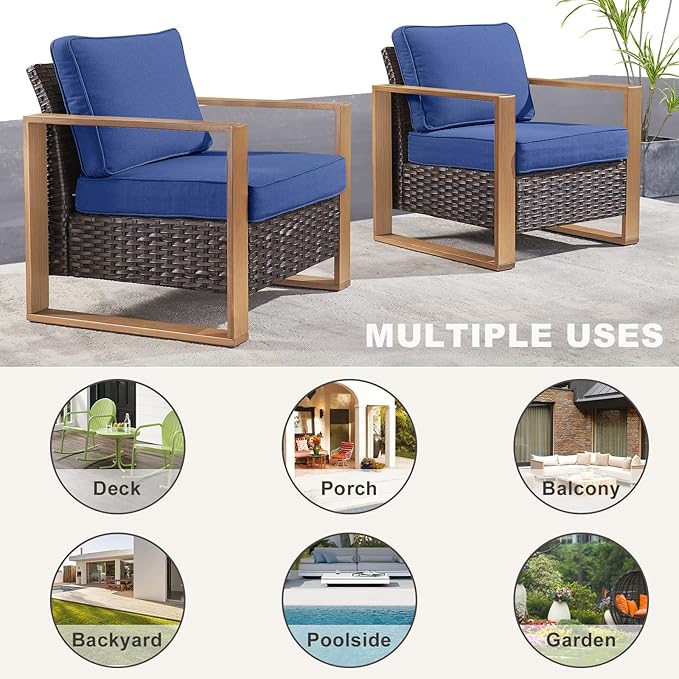 Outdoor Wicker Patio Furniture Set - 5 Piece Patio Conversation Set with 2 Wicker Armrest Chairs,2 Rattan Ottoman, 1 Side Table, Sturdy Frame, Thick Cushions, Deep Seating(Brown/Blue)