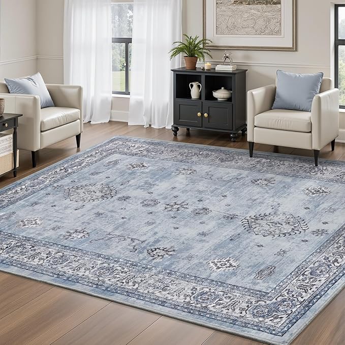 AMOAMI-Vintage Area Rug 4x6 Blue Rugs for Living Room-Soft Living Room Rug Non Slip Rugs for Bedroom Carpet Machine Washable Rug for Dining Room Bedside Office Room Decor