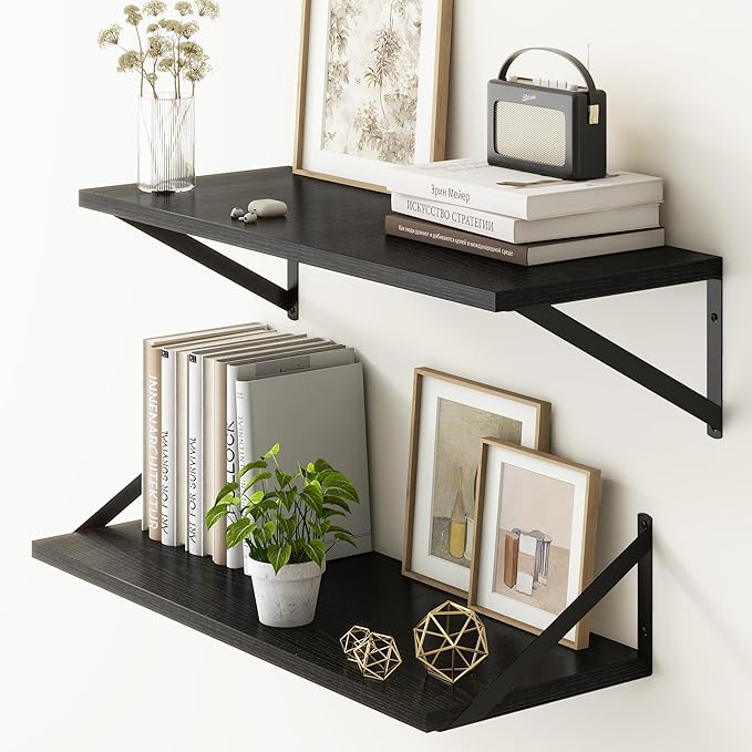 Fun Memories 27.5" W x10 D Floating Shelves, Black Wall Shelf with Brackets, 10 Inch Deep Floating Shelf Set of 2, Large Storage Kitchen Living Room Bathroom Shelves, Wood Wall Mounted Shelf