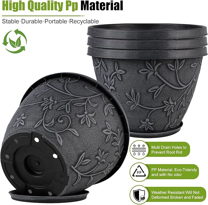 4 Pack 8 Inch Flower Pots for Outdoor Indoor, Plastic Plant Pots with Drainage Hole & Saucer, Lightweight Small Resin Flower Pot, Imitation Magnolia Pots for Garden House planters(Gray)
