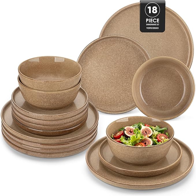 vancasso ANYA 18 Pieces Plates and Bowls Set, Caramel Dinnerware Sets, Reactive Glaze Dishes Set for 6, Ceramic Dishware Sets Kitchen Dinner Set, Microwave & Dishwasher Safe