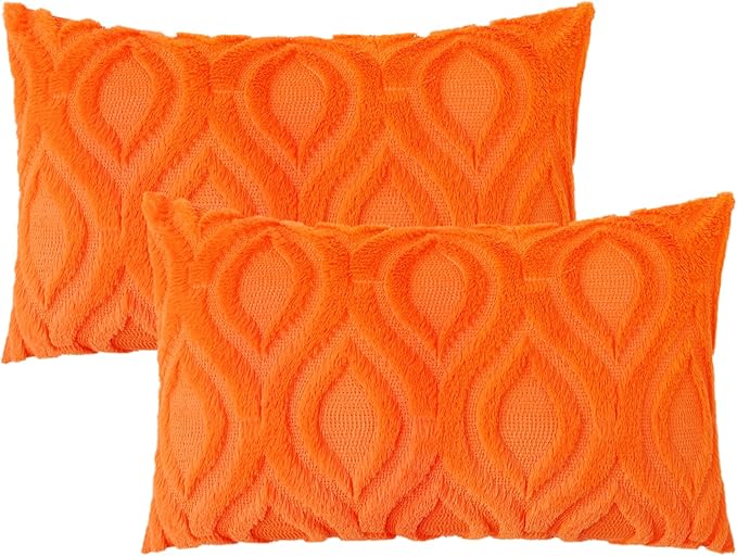 decorUhome Fall Throw Pillow Covers 12x20 Inch Set of 2, Soft Plush Decorative Faux Fur Orange Solid Couch Pillow Covers, Accent Farmhouse Neutral Lumbar Euro Pillow Cases for Sofa Bed Living Room