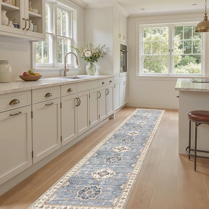 Washable 2.6x12 Runner Rug - Area Rugs Neutral Vintage Distressed Floral Farmhouse Boho Large Soft Floor Rug Indoor Carpet for Hallway Entryway Kitchen Home - Blue