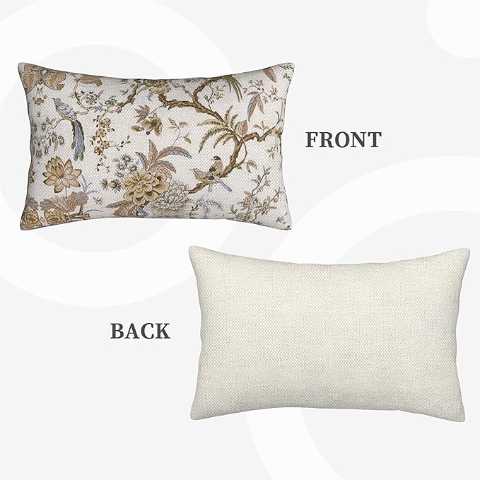 Spring Floral Birds Pillow Covers 12 x 20 Inch Set of 2 for Chinoiserie Flowers Decor Throw Pillows Brown and White Plant Outdoor Decorative Cushion Cases for Couch Bed Decorations