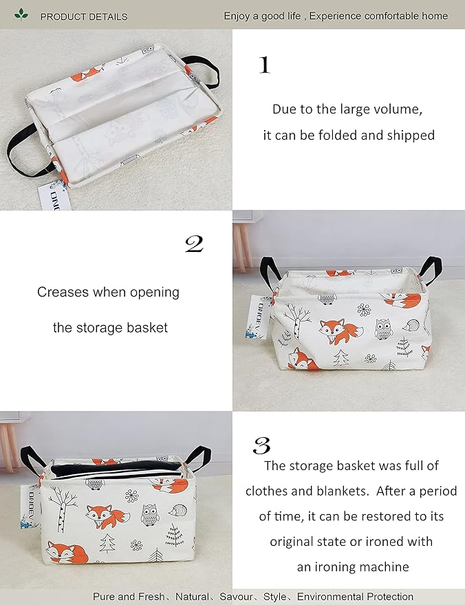 Rectangular Folding Laundry Basket,waterproof Canvas Basket,gift basket,Suitable for children's room,Office,Clothes,Toys Storage(Fox)