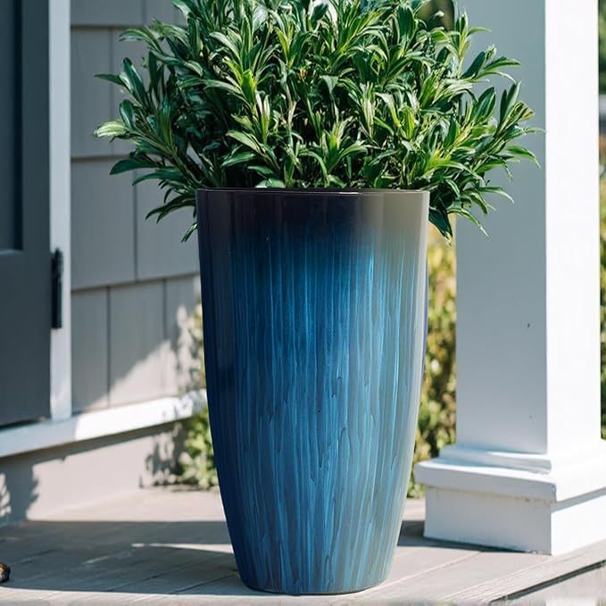 Worth Garden 23.5" H. Large Plastic Planters - Set of 2 Gradient Blue Glossy Smooth Finish - Tall Plant Pots for Indoor & Outdoor Use - Decorative Lightweight Flower Pot for Front Porch, Patio, Deck